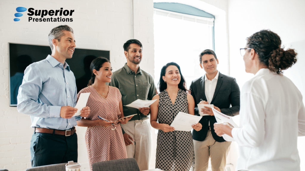 Business professional leading a presentation skills training session in Canada