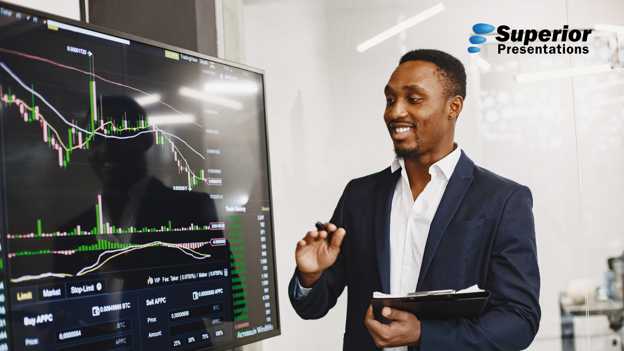 Professional explaining business data during a presentation skills session