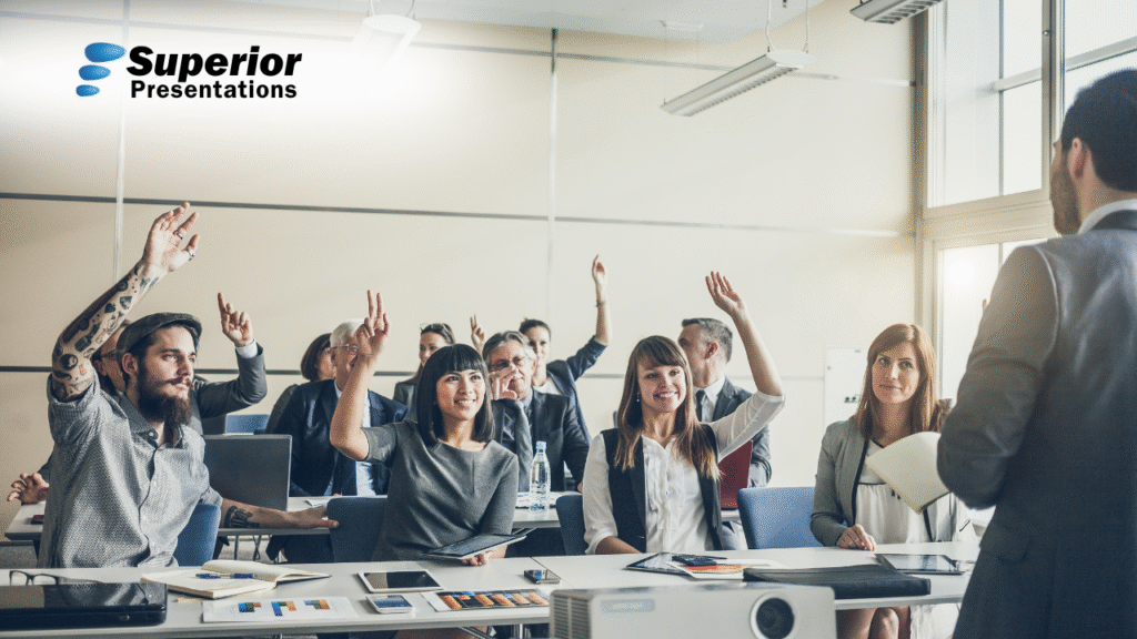 Sales professional confidently presenting strategies during a team training session