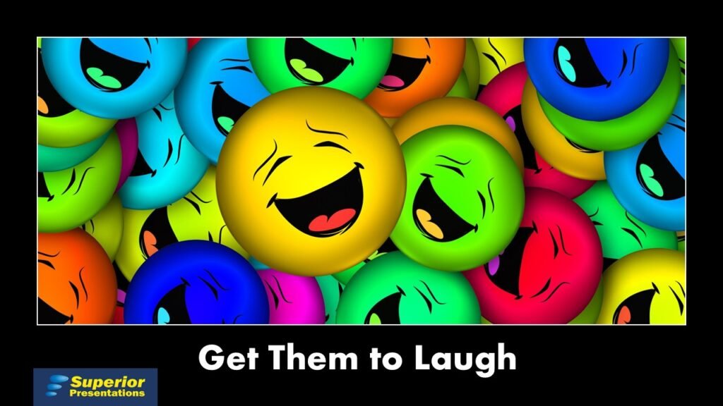 Bright collage of colorful laughing emoji faces filling the frame, with a bold 'Get Them to Laugh' title and Superior Presentations logo on a black background.